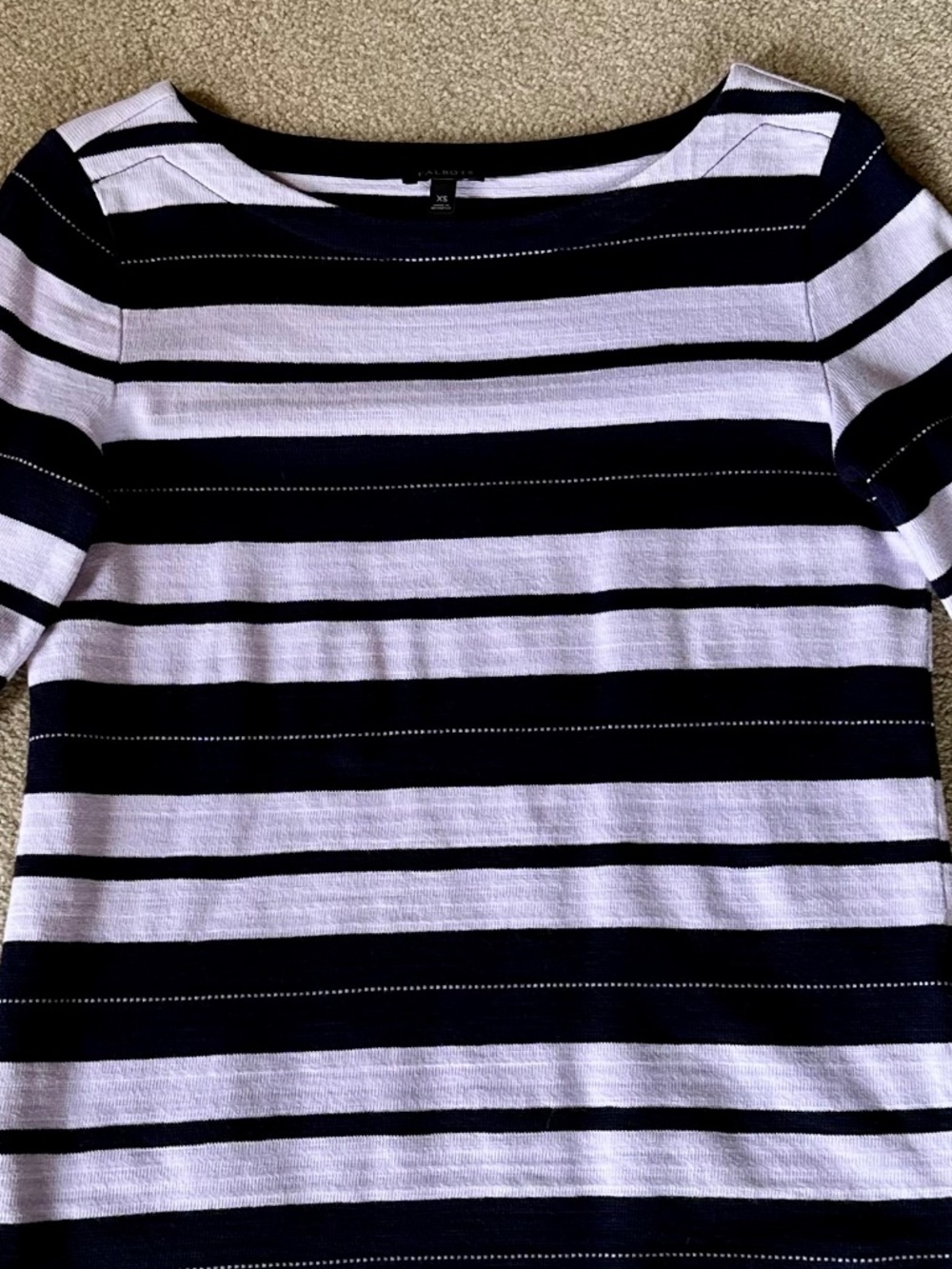 Talbots striped top, Navy/Lavender, XS (but fits like S), 3/4 sleeves with ties